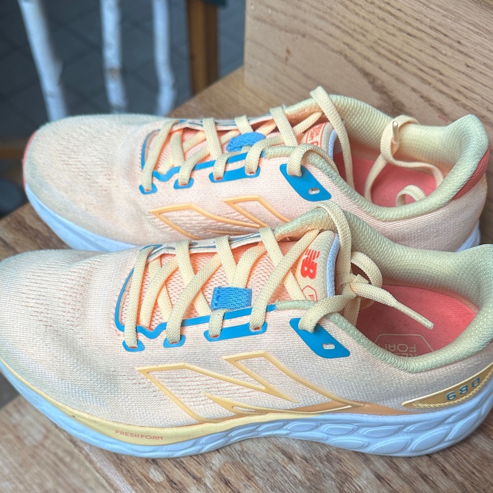 New Balance Women's fresh foam 680s orange and Blue